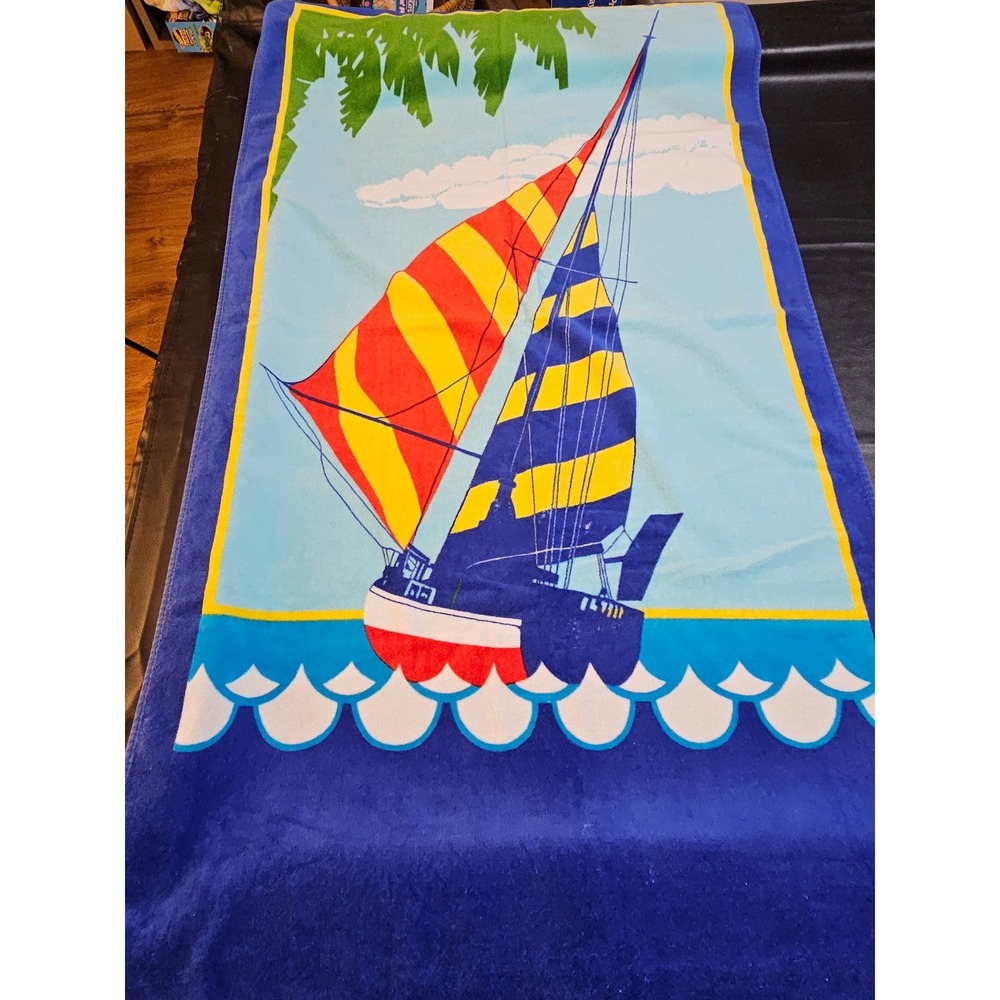 Vintage Nutex Sailboat Print Beach Towel 62x33